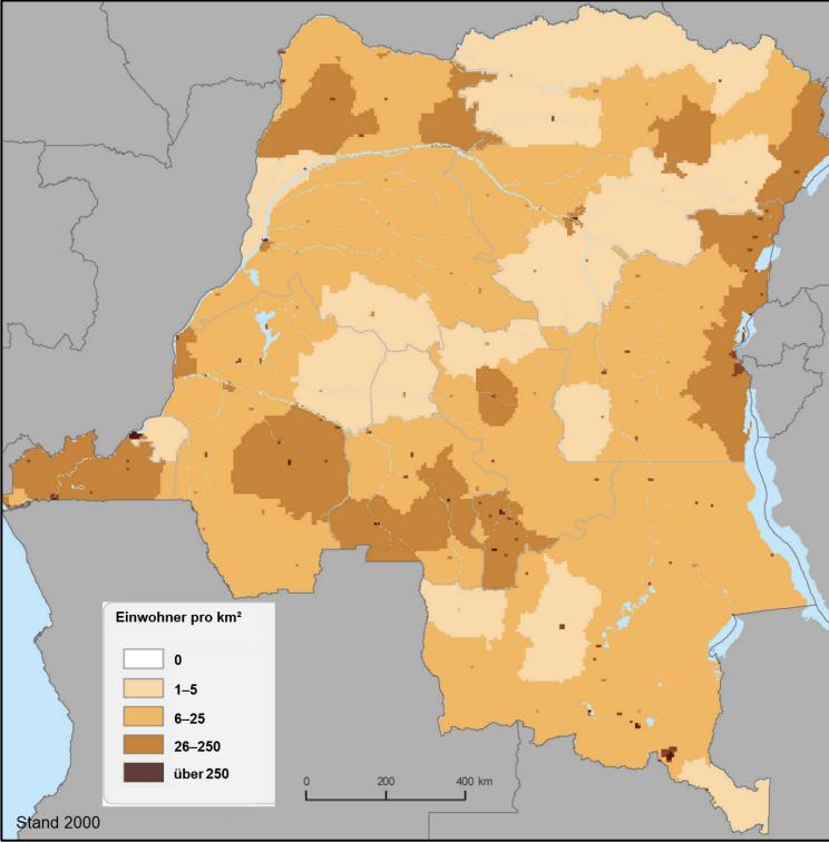 Karte Afrikas zur Bevölkerungsdichte im Jahr 2000.